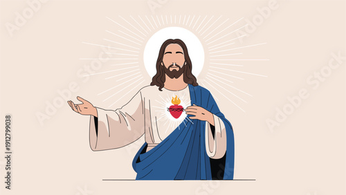 Religious illustration of Jesus Christ with a halo and the Sacred Heart symbol against a radiant bright light background.