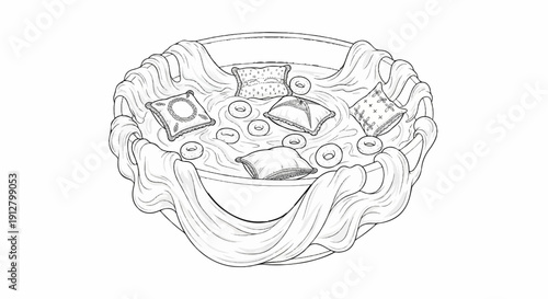 A whimsical illustration of pillows and donuts floating in a circular pool