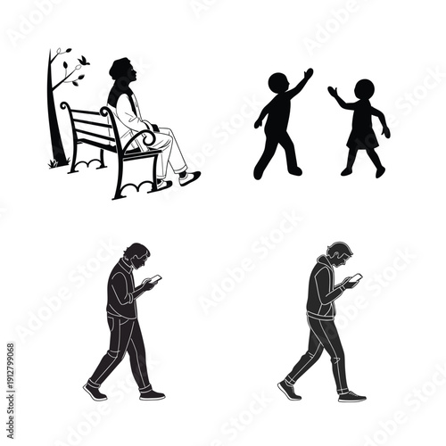Silhouettes of People Participating in Mixed Activities with Active and Resting Poses for Lifestyle and Wellness Concepts