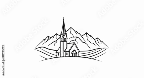 A stylized church with a steeple stands before jagged mountains
