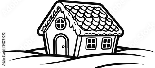 A whimsical, monochrome drawing of a gingerbread house with snowy details