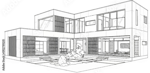 Architectural sketch of a modern, multi-level home with large windows and a courtyard