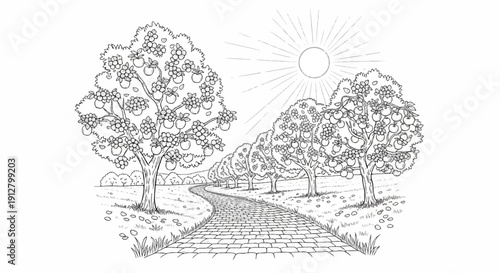 A sunlit path winds through an orchard of fruit-laden trees