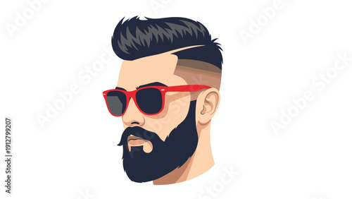 Stylish profile of a hipster man with a well-groomed black beard, red sunglasses, and a modern undercut hairstyle.