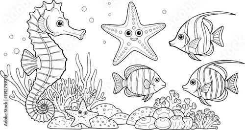 A whimsical underwater scene featuring a seahorse, starfish, and striped fish among coral