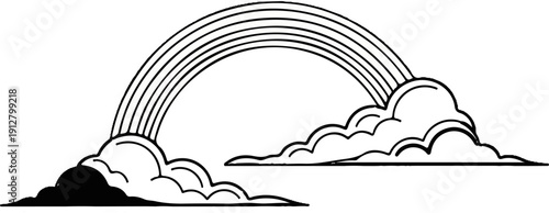 A stylized depiction of a rainbow arching over fluffy clouds, with a solid dark cloud base