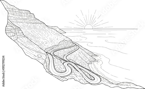 A winding road descends a steep mountain to a shimmering body of water at sunrise