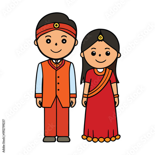 A vibrant Gujarati wedding couple in traditional attire, the bride in ornate lehenga, the groom in sherwani, smiling joyfully amidst festive colors and rituals.
