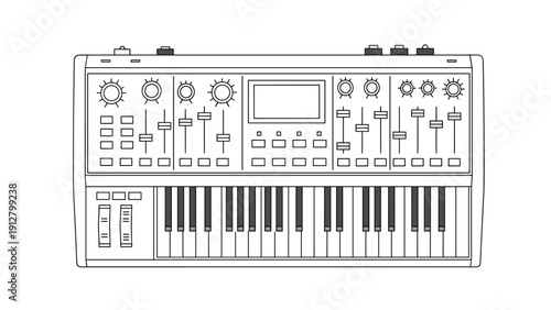Electronic synthesizer workstation features various knobs sliders and integrated display screen for professional music production and sound design.