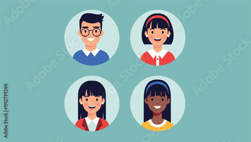 Collection of diverse people avatars featuring young men and women with various hairstyles and clothing styles set against circular backgrounds.