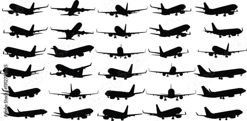 Airplane Silhouette Collection with Commercial Passenger Aircraft Taking Off and Landing Isolated on White Background for Aviation Travel and Transportation Design