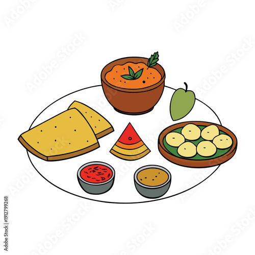 A vibrant thali from Gujarat, India features rotis, dal, kadhi, veggies, farsan, pickles, chutneys, and sweets—balancing sweet, spicy, and tangy flavors in every bite.
