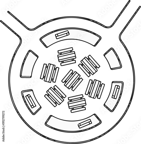 Abstract circular diagram with inner compartments and stacked rectangular elements