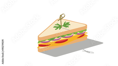 Fresh club sandwich slice stacked with turkey cheese lettuce and tomato held together with a wooden toothpick garnish on white background.