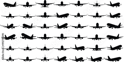 Airplane Silhouette Collection with Commercial Aircraft Taking Off and Landing Isolated on White Background for Aviation Travel and Transportation Design