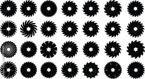 Circular Saw Blade Silhouette Collection with Different Industrial Cutting Disc Shapes Isolated on White Background for Construction and Tool Design