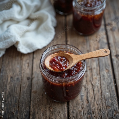 Overhead shot of a wooden spoon resting across the rim of a jam-filled jar on a weathered wooden table