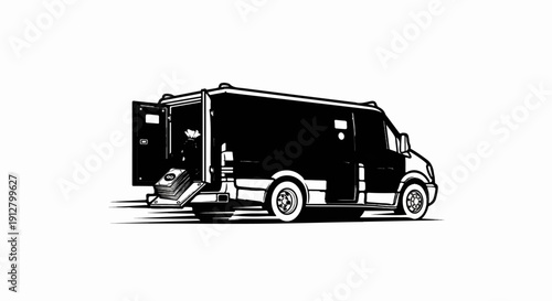 Armored truck with open back doors reveals cash and a bag