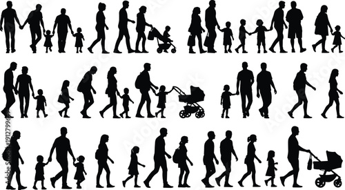 Family Walking Silhouette Collection with Parents, Children and Baby Stroller Isolated on White Background for Parenting, Lifestyle and Social Design