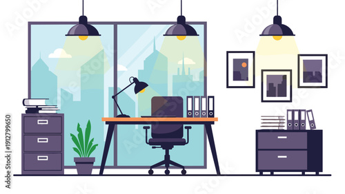 Executive office workspace overlooking a city at night with dark furniture lamps filing cabinets and framed wall art.