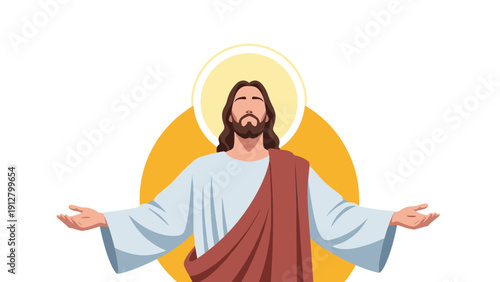 Sacred figure of Jesus Christ depicted with a golden halo and outstretched arms for religious themes of blessing love and eternal spirituality.