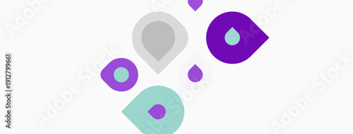 Abstract shapes resembling water droplets. Purple, gray, teal colors dominate white background. Minimalist design, clean aesthetic.