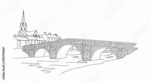 A stone arch bridge spans a river, with a town and church in the background