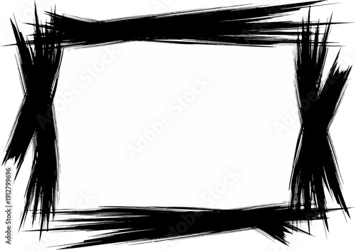 Abstract black brush strokes form a jagged rectangular frame on a white background