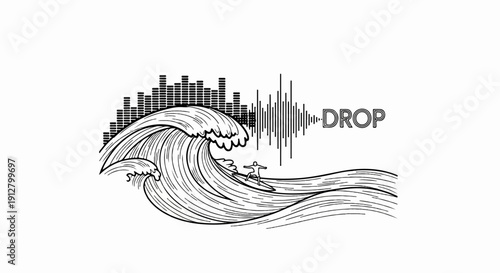 A surfer rides a large wave with an equalizer and the word DROP