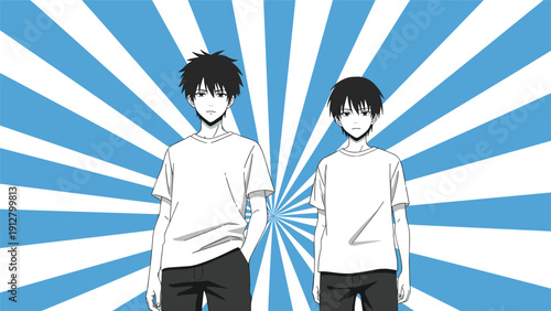 Two teenage anime boys with dark hair and serious expressions wear white t-shirts against a blue and white radial sunburst background.