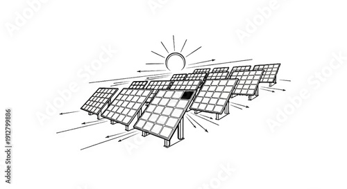 Array of solar panels tilted towards a radiating sun with arrows indicating energy flow