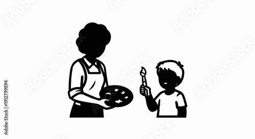 Art class with an adult showing a child a paint palette and brush