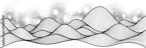 Abstract monochrome wavy lines form rolling hills with soft bokeh lights