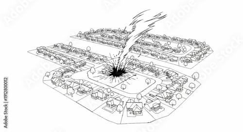 Aerial view of a suburban neighborhood experiencing a dramatic explosion