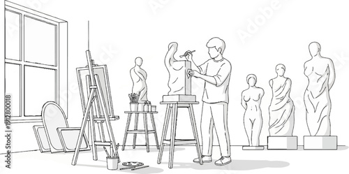 Artist sculpts in a studio with classical statues and an easel