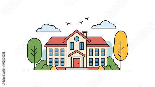 Large school building or college campus illustration with surrounding green and yellow trees under a cloudy sky with flying birds.