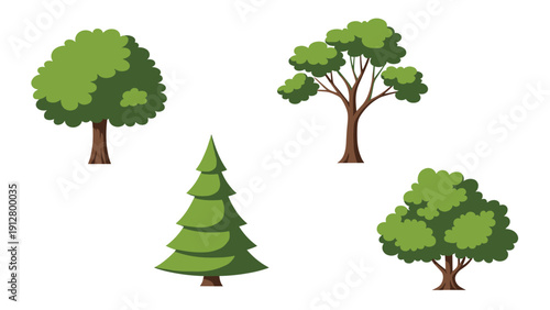Set of four different types of green trees including a pine and broadleaf varieties for nature and environmental designs.