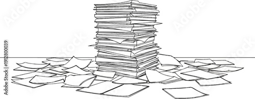 A tall stack of paper rests on a surface scattered with loose sheets