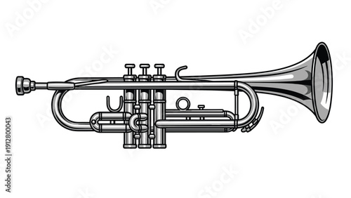 Detailed musical instrument illustration showing a classic silver trumpet isolated on a white background with realistic reflections.
