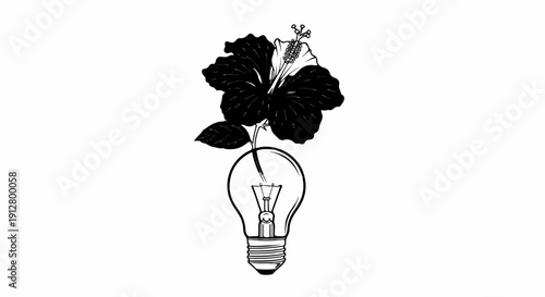 Artistic black and white drawing of a flower growing from a lightbulb