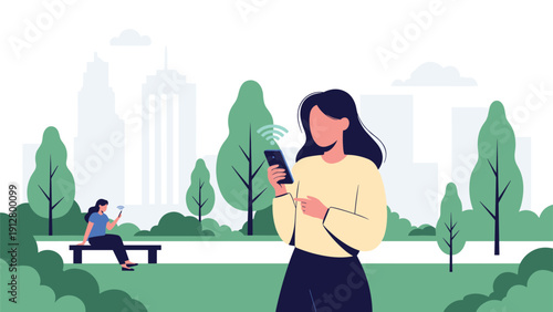 Woman using her smartphone in a lush green city park with a visible wifi signal icon above her device on a sunny day.