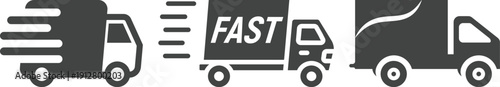Fast delivery truck icon set collection with express shipping, 24h service, cargo van and logistics transport symbols isolated on white background vector illustration for courier.
