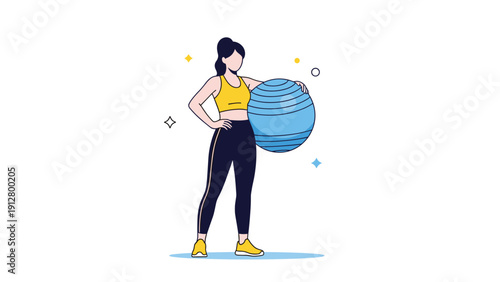 Fit young woman in yellow sports bra and black leggings standing confidently with a blue exercise ball on a white background.