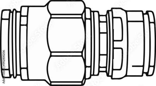 A technical line drawing of a pipe coupling with hexagonal sections and threaded ends