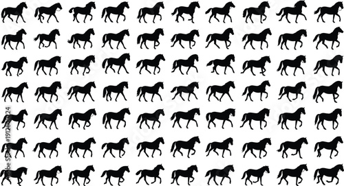 Horse Silhouette Pattern with Running and Walking Equine Figures Isolated on White Background for Equestrian, Farm and Textile Design