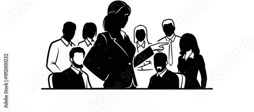 A team of silhouetted professionals, with a woman pointing finger