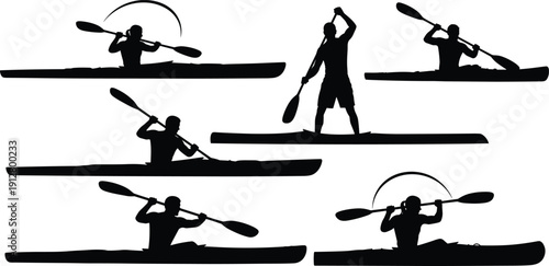Kayaking and Canoeing Silhouette Collection with Paddler on Water Isolated on White Background for Outdoor Adventure and Water Sport Design