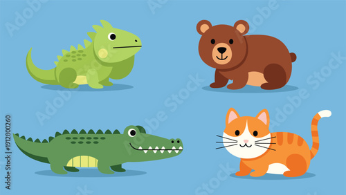 Cute cartoon wildlife characters including an iguana a bear a crocodile and a cat standing together on a blue background.