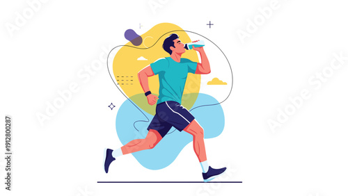 Athletic man running outdoors while drinking from a water bottle with abstract colorful shapes in the background.