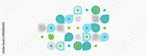 Abstract pattern features rounded shapes, varying sizes, teal and lime hues. Minimalist design evokes playful, modern aesthetic.